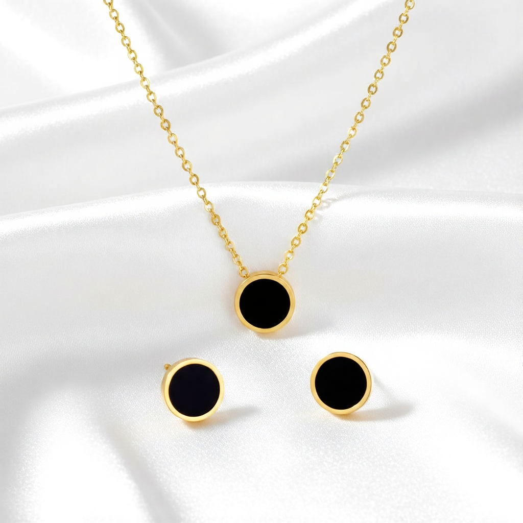 Black Enamel Duo Set – Necklace & Stud Earrings