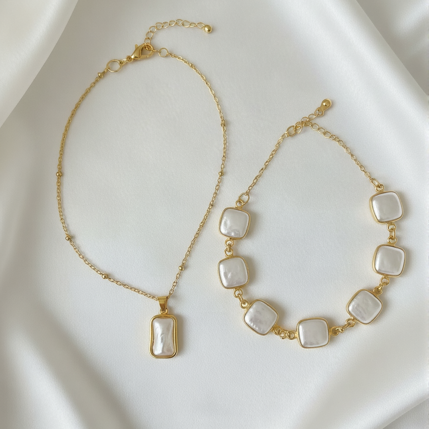 Pearl Rectangular Duo Set – Necklace & Bracelet