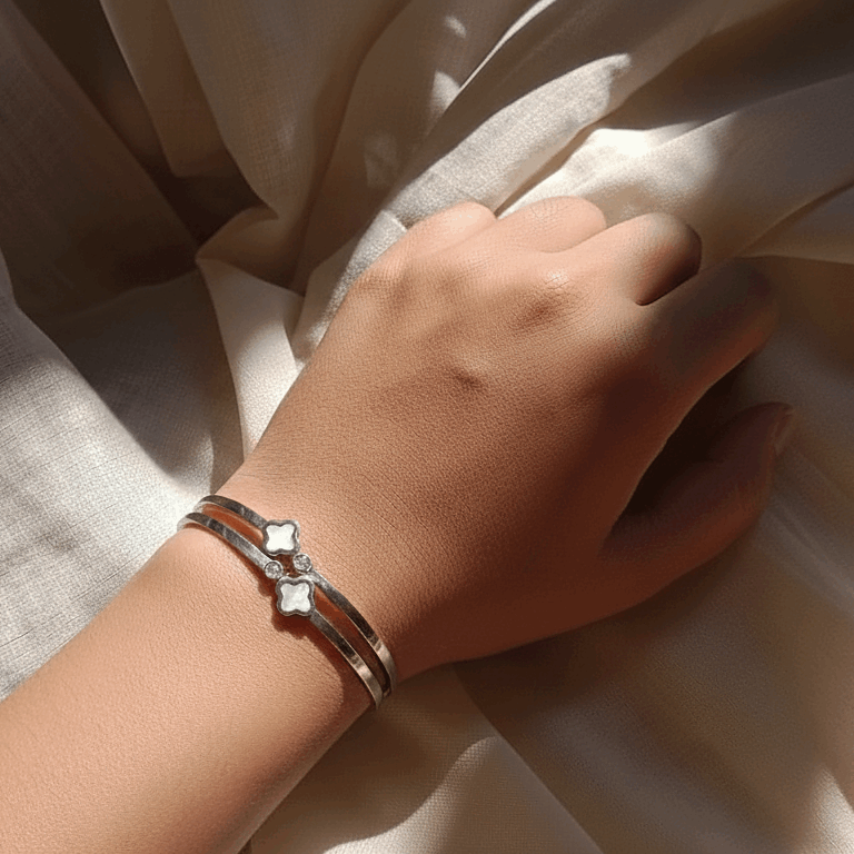 The Silver Clover Cuff - White Pearl Bangle