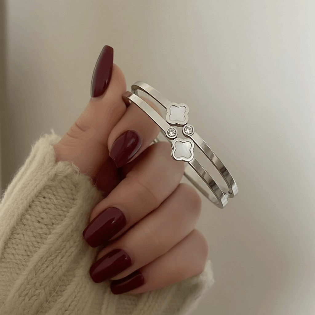 The Silver Clover Cuff - White Pearl Bangle