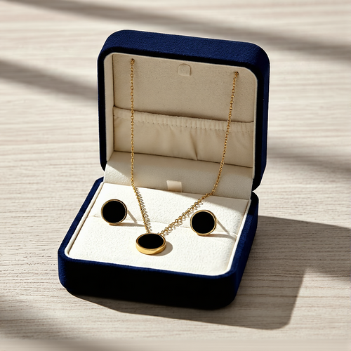 Black Enamel Duo Set – Necklace & Stud Earrings