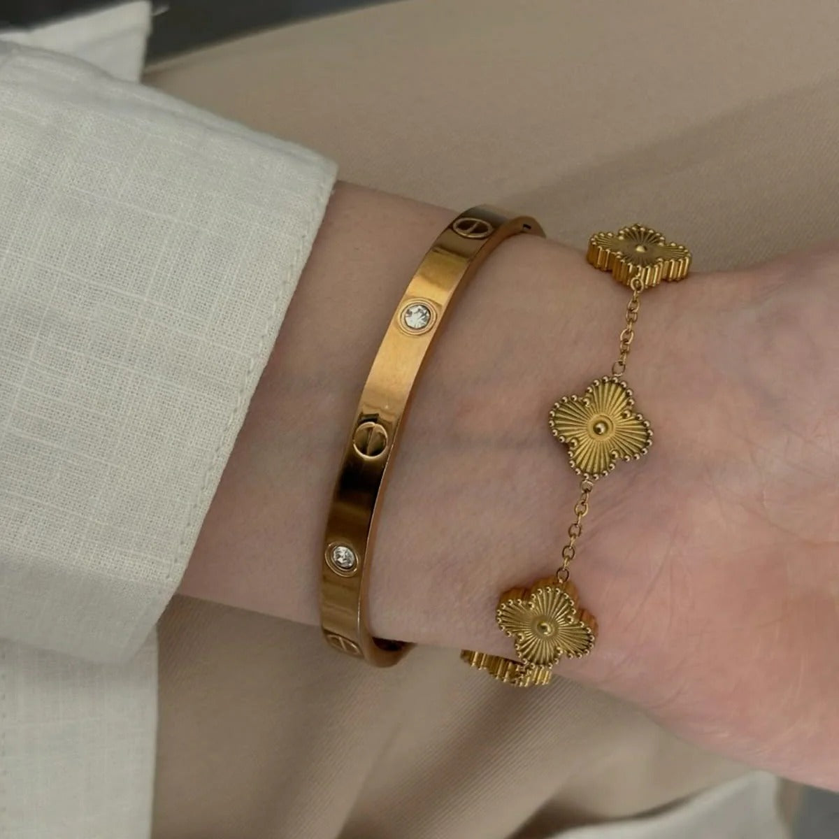 Gem & Golden Clover Bracelet Duo Set